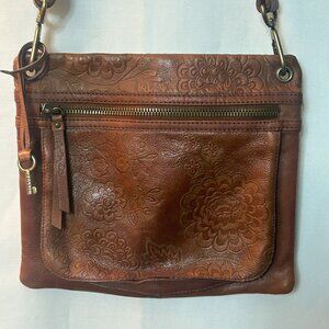 Vintage Fossil Embossed Leather Crossbody Bag Floral Adjustable Strap